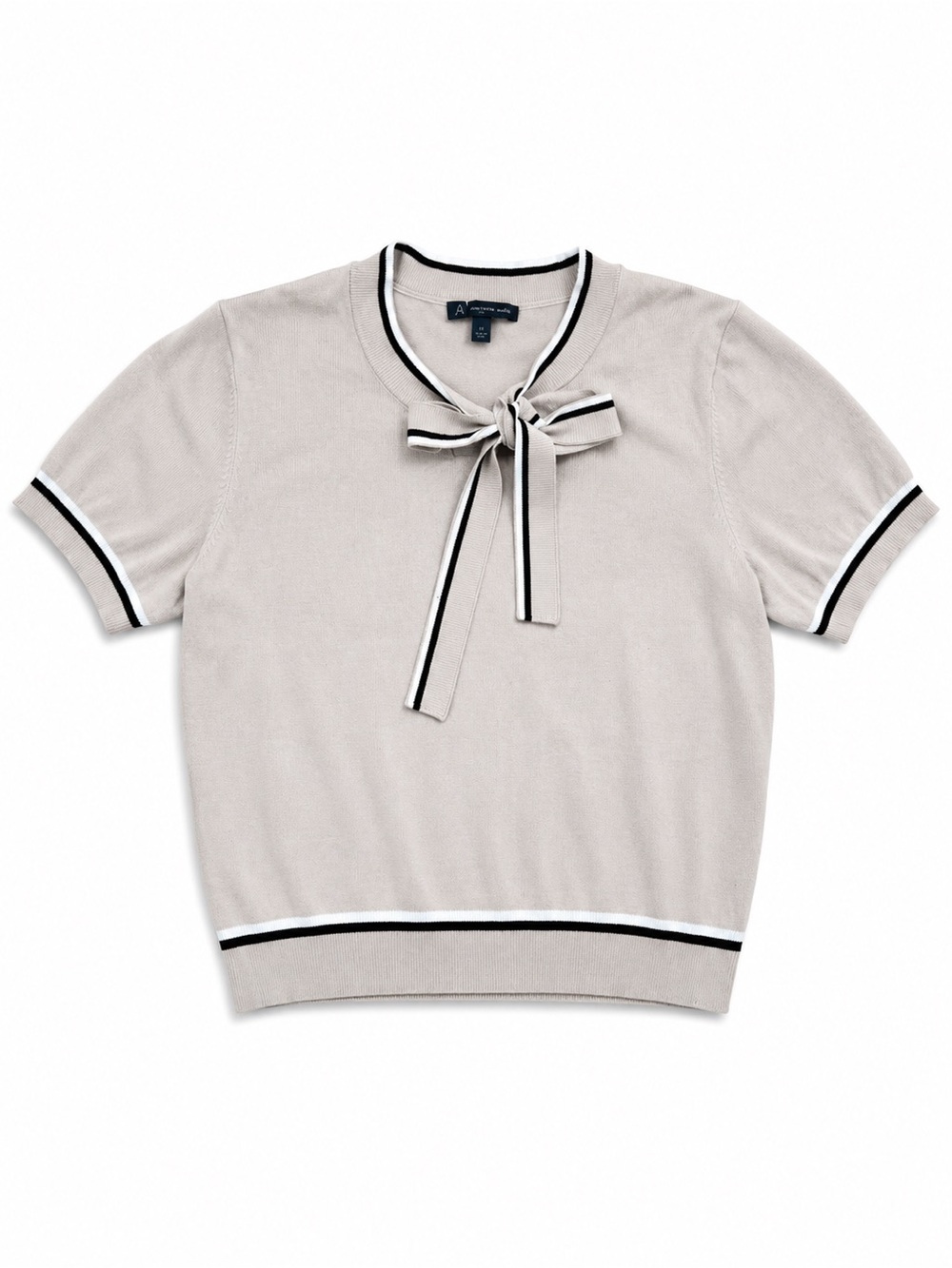 Tie-Neck Short Sleeve Sweater Top in Light Gray